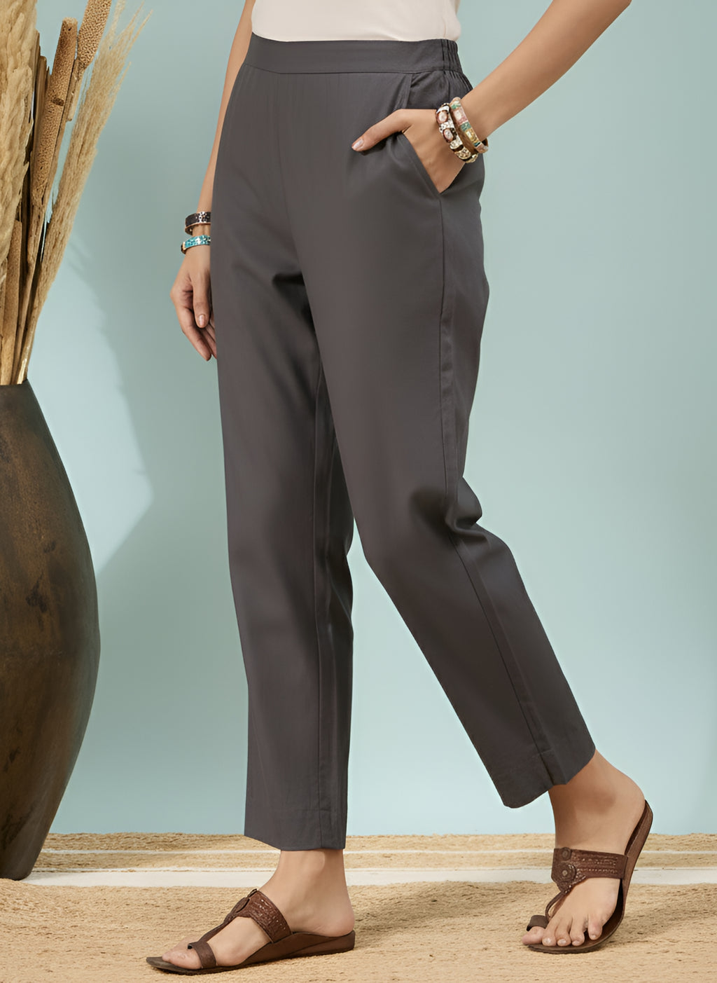 Women’s Dark Grey Solid Cotton Trousers