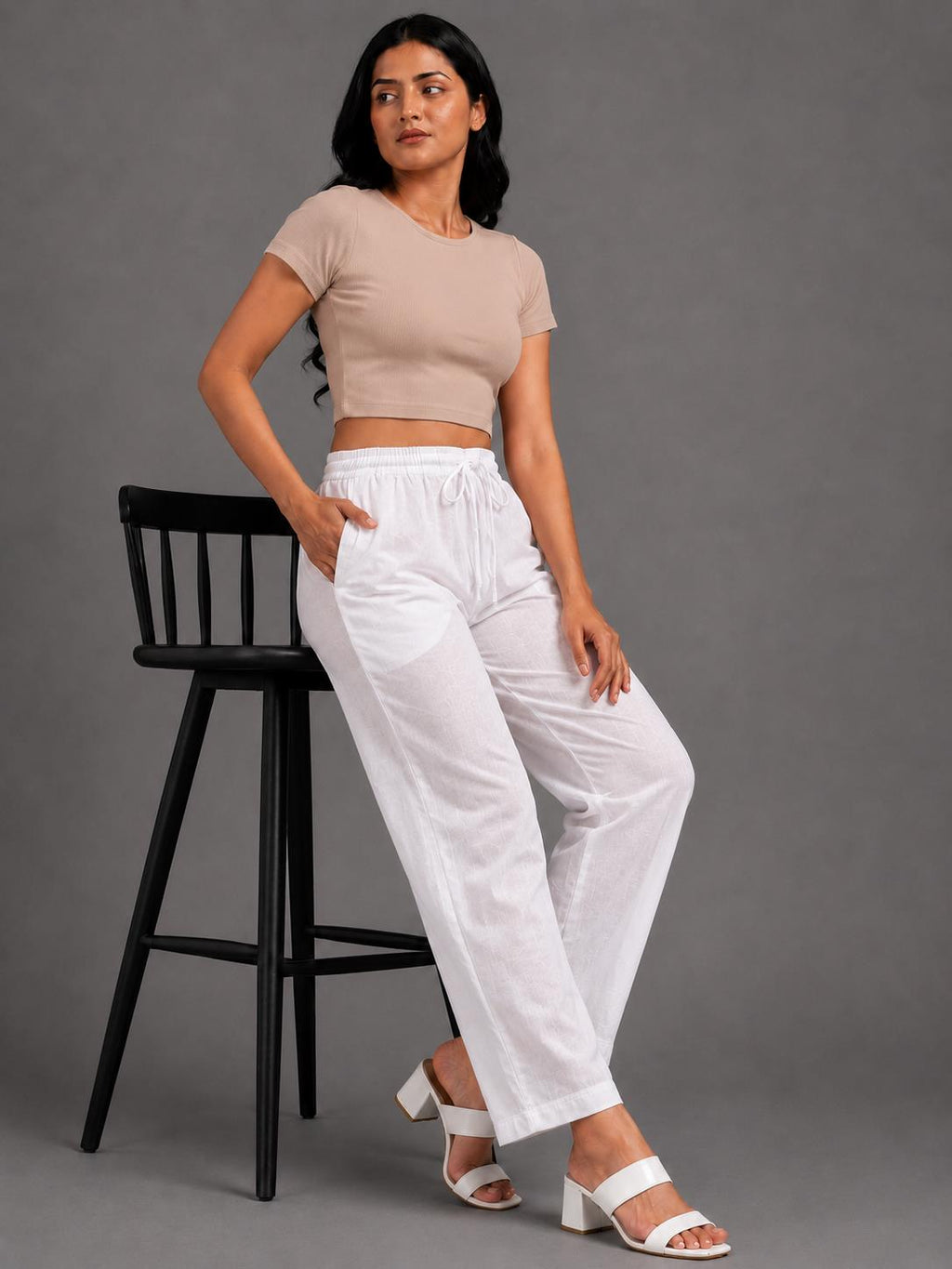 Women White Solid Straight-Fit Elasticated Waist Drawstring Trousers with Pockets