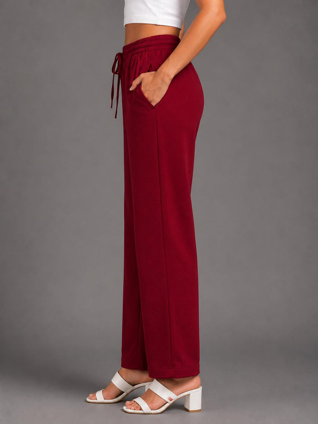 Women Maroon Solid Straight-Fit Elasticated Waist Drawstring Trousers with Pockets