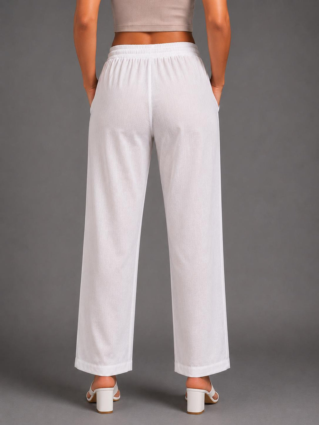 Women White Solid Straight-Fit Elasticated Waist Drawstring Trousers with Pockets