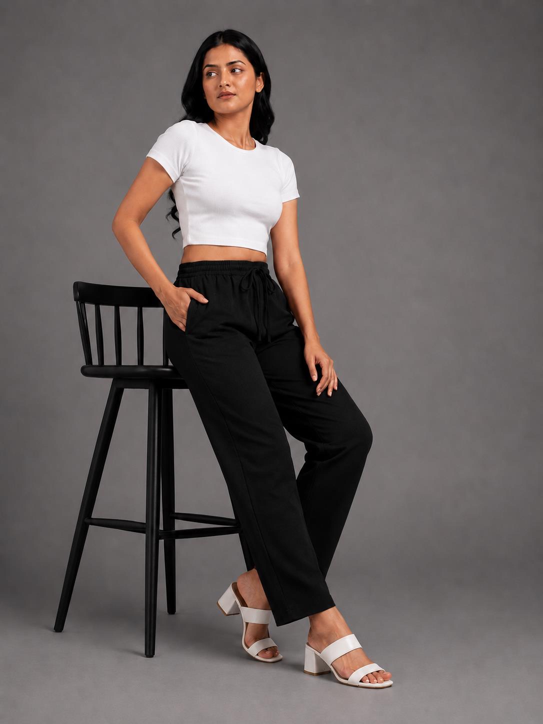 Women Black Solid Straight-Fit Elasticated Waist Drawstring Trousers with Pockets