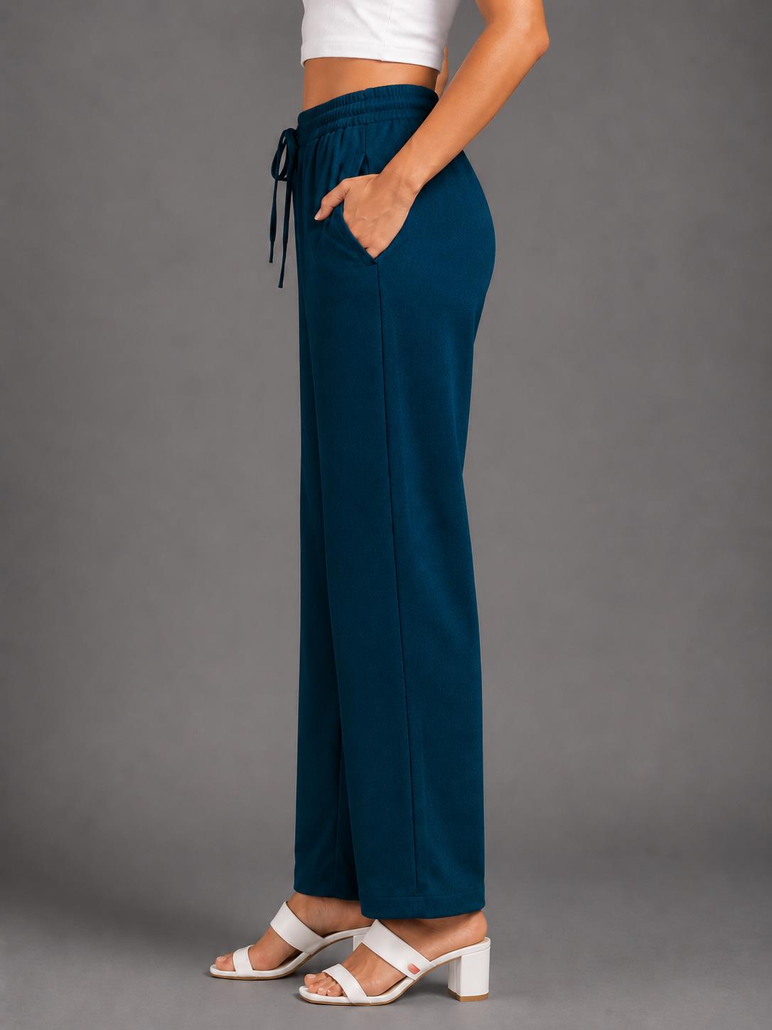 Women Peacock Blue Solid Straight-Fit Elasticated Waist Drawstring Trousers with Pockets