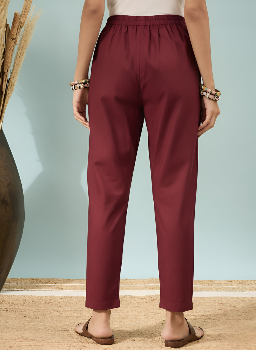 Women’s Wine Solid Cotton Trousers