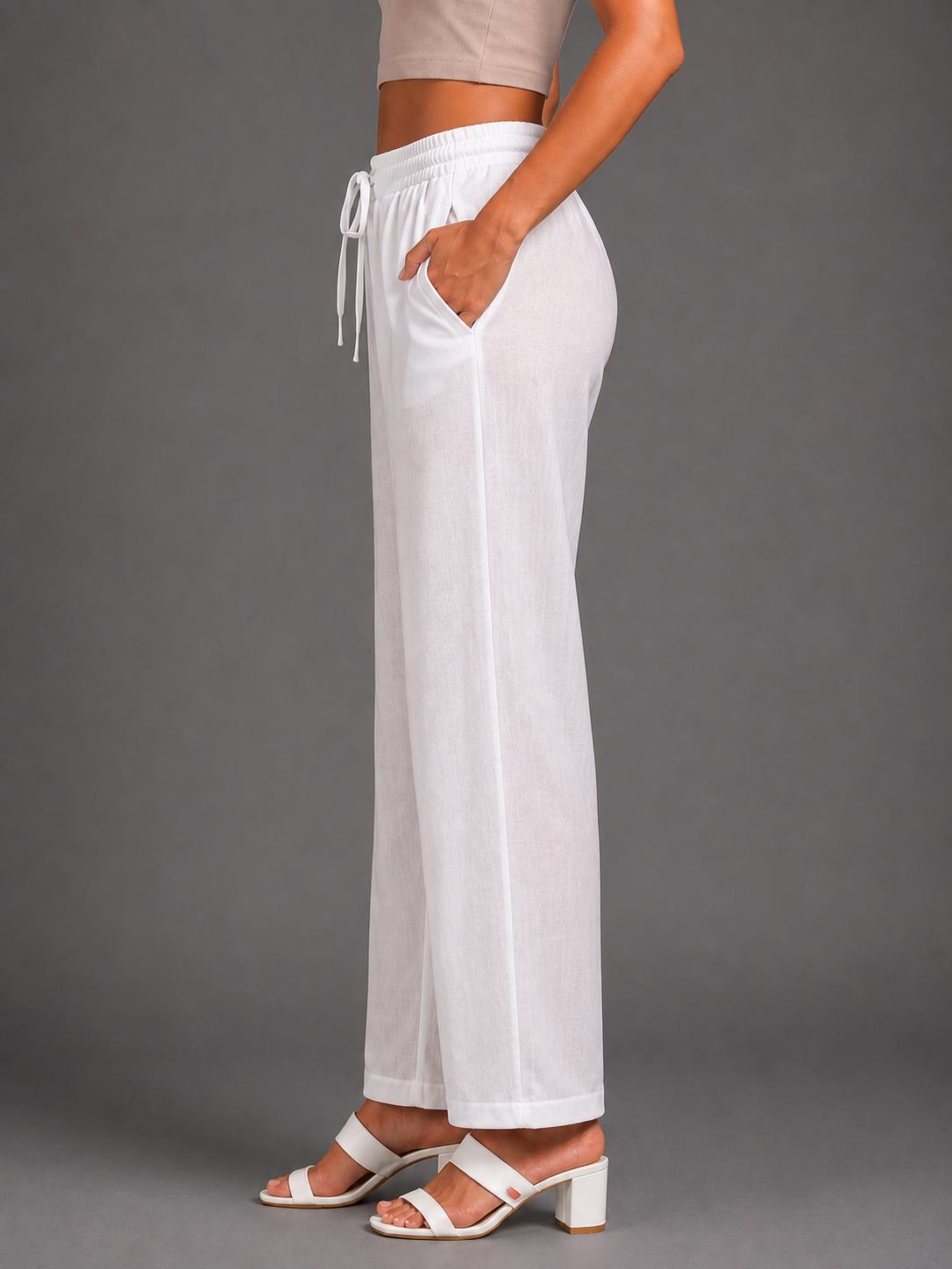 Women White Solid Straight-Fit Elasticated Waist Drawstring Trousers with Pockets