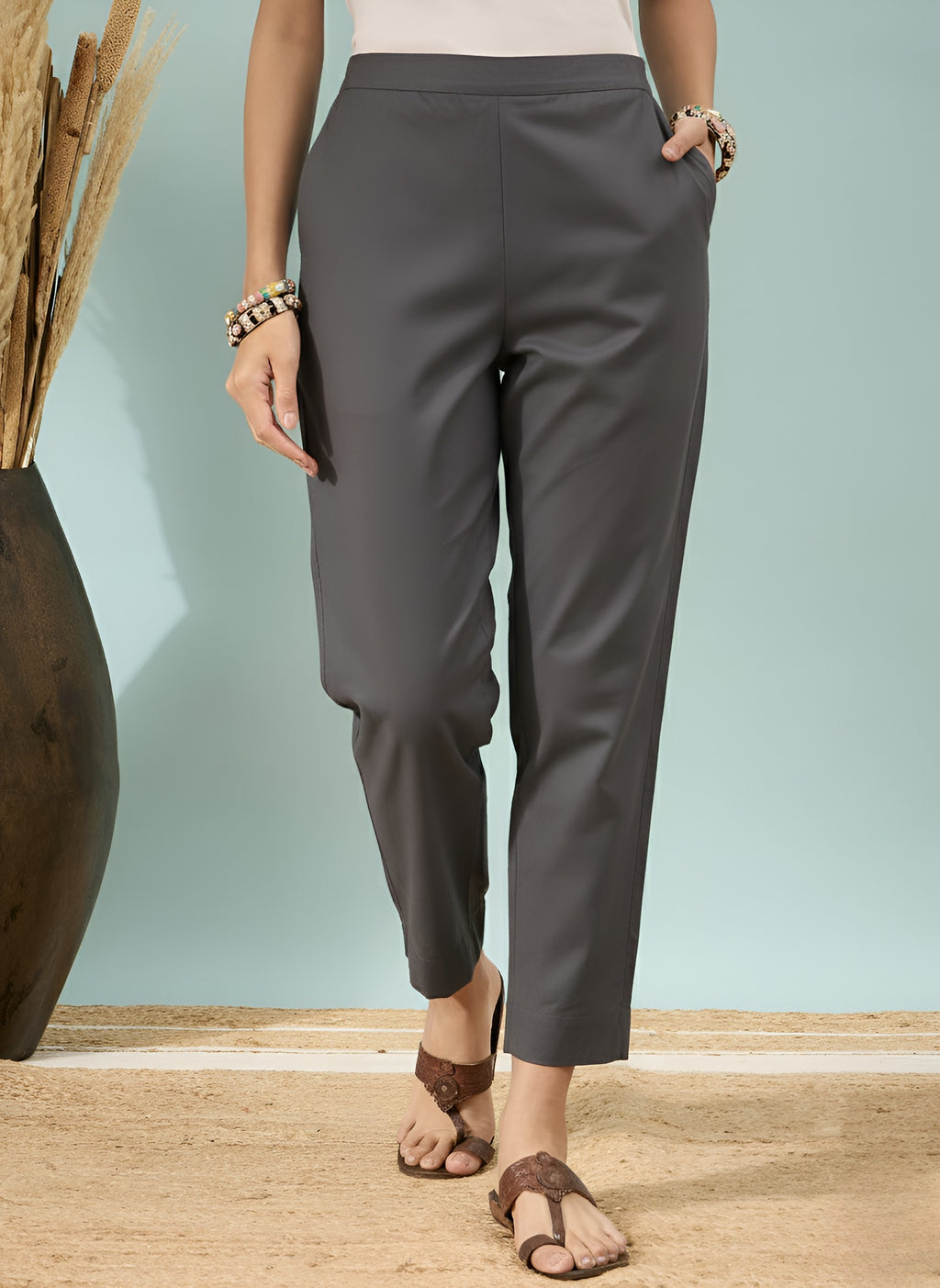 Women’s Dark Grey Solid Cotton Trousers