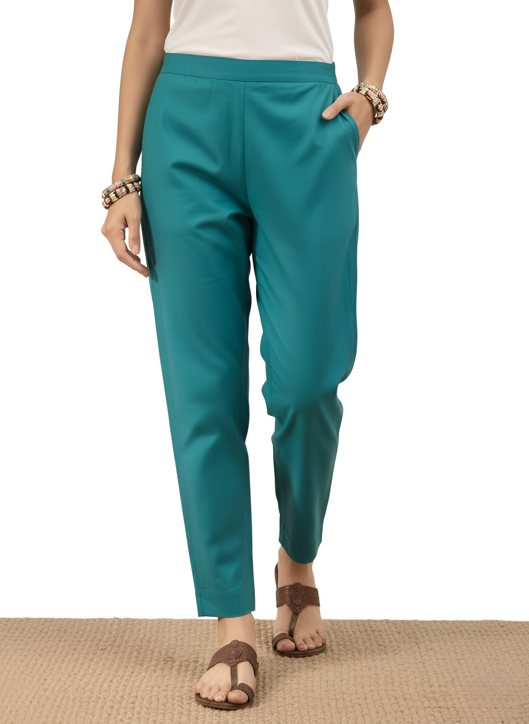 Women’s Rama Green Solid Cotton Trousers