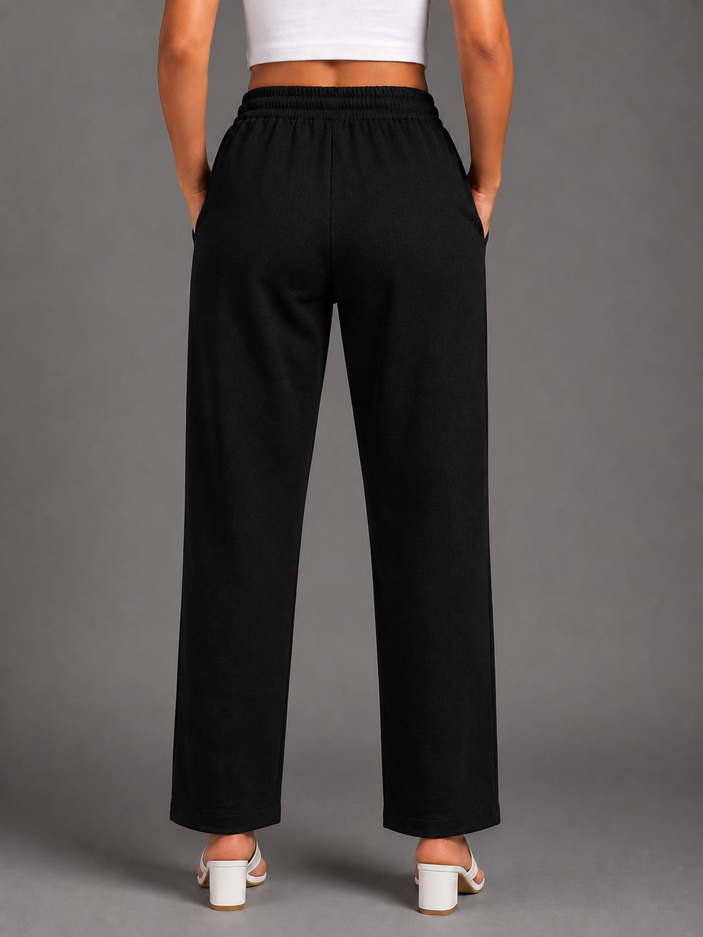 Women Black Solid Straight-Fit Elasticated Waist Drawstring Trousers with Pockets