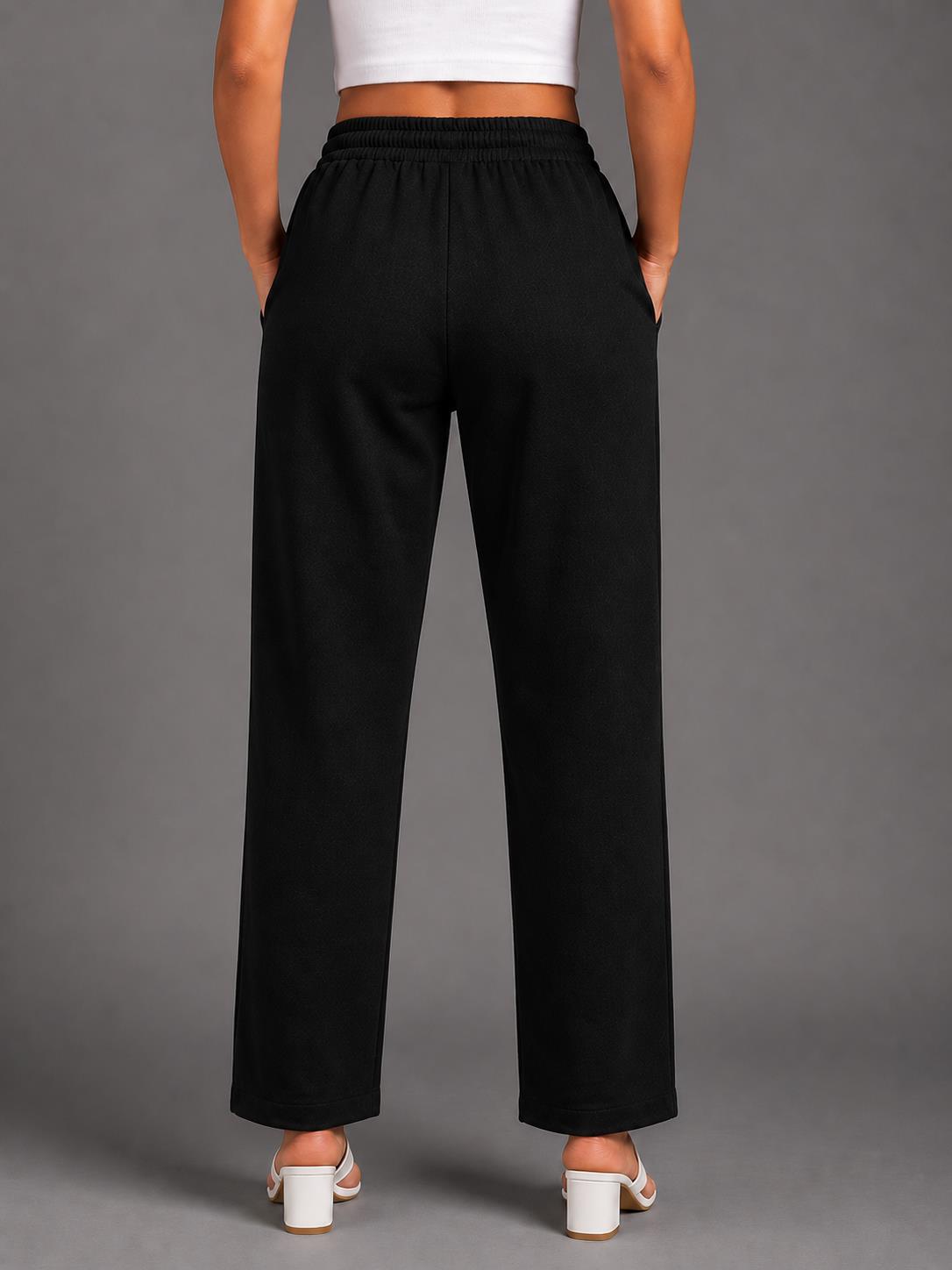 Women Black Solid Straight-Fit Elasticated Waist Drawstring Trousers with Pockets