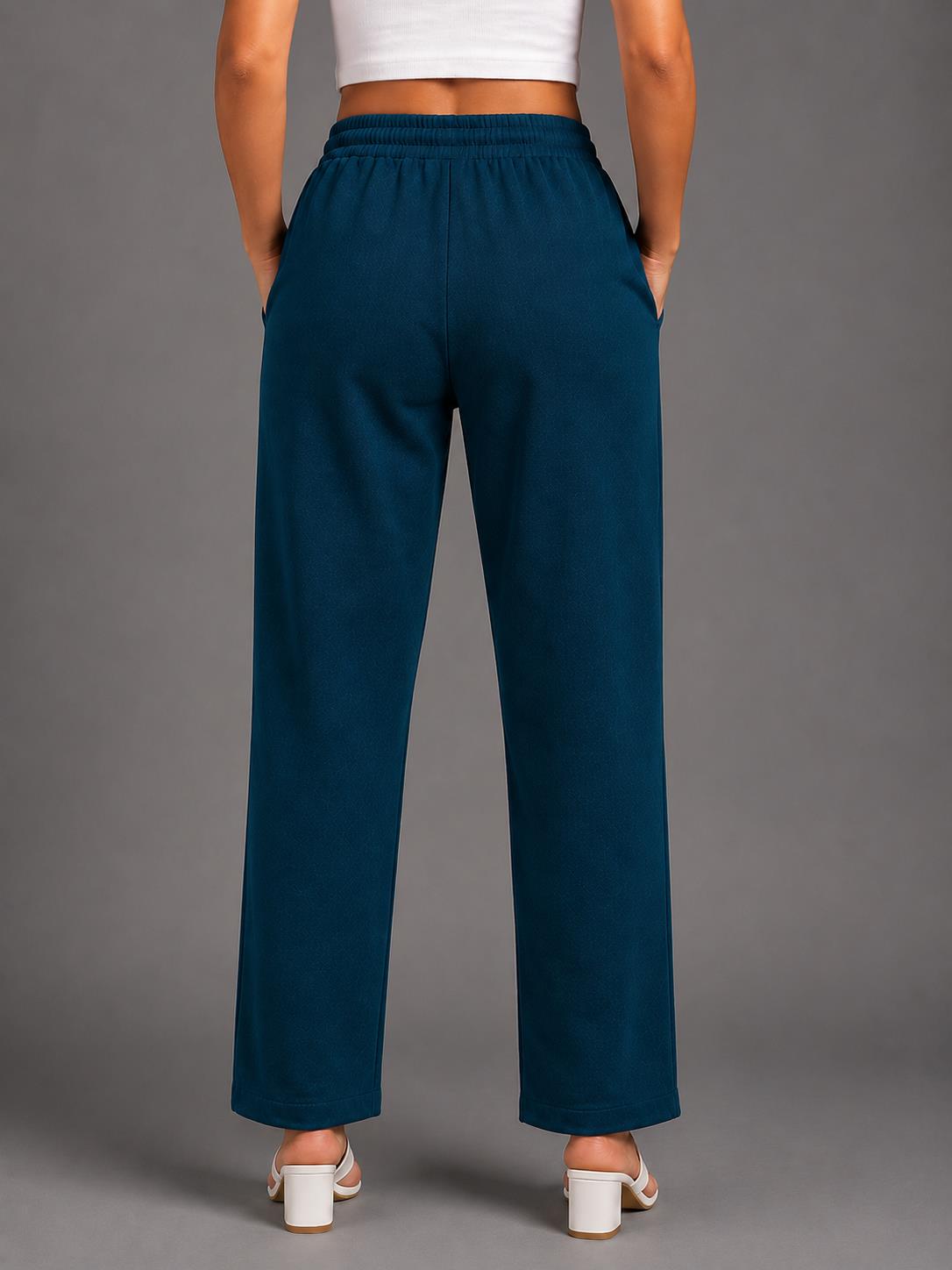 Women Peacock Blue Solid Straight-Fit Elasticated Waist Drawstring Trousers with Pockets