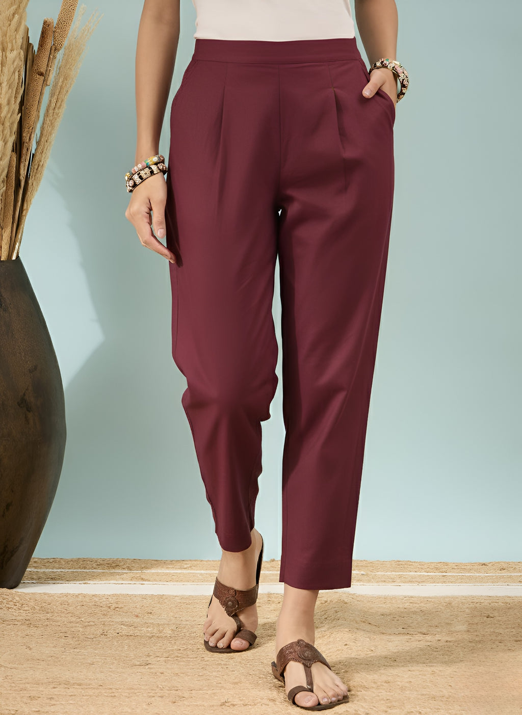 Women’s Wine Solid Cotton Trousers