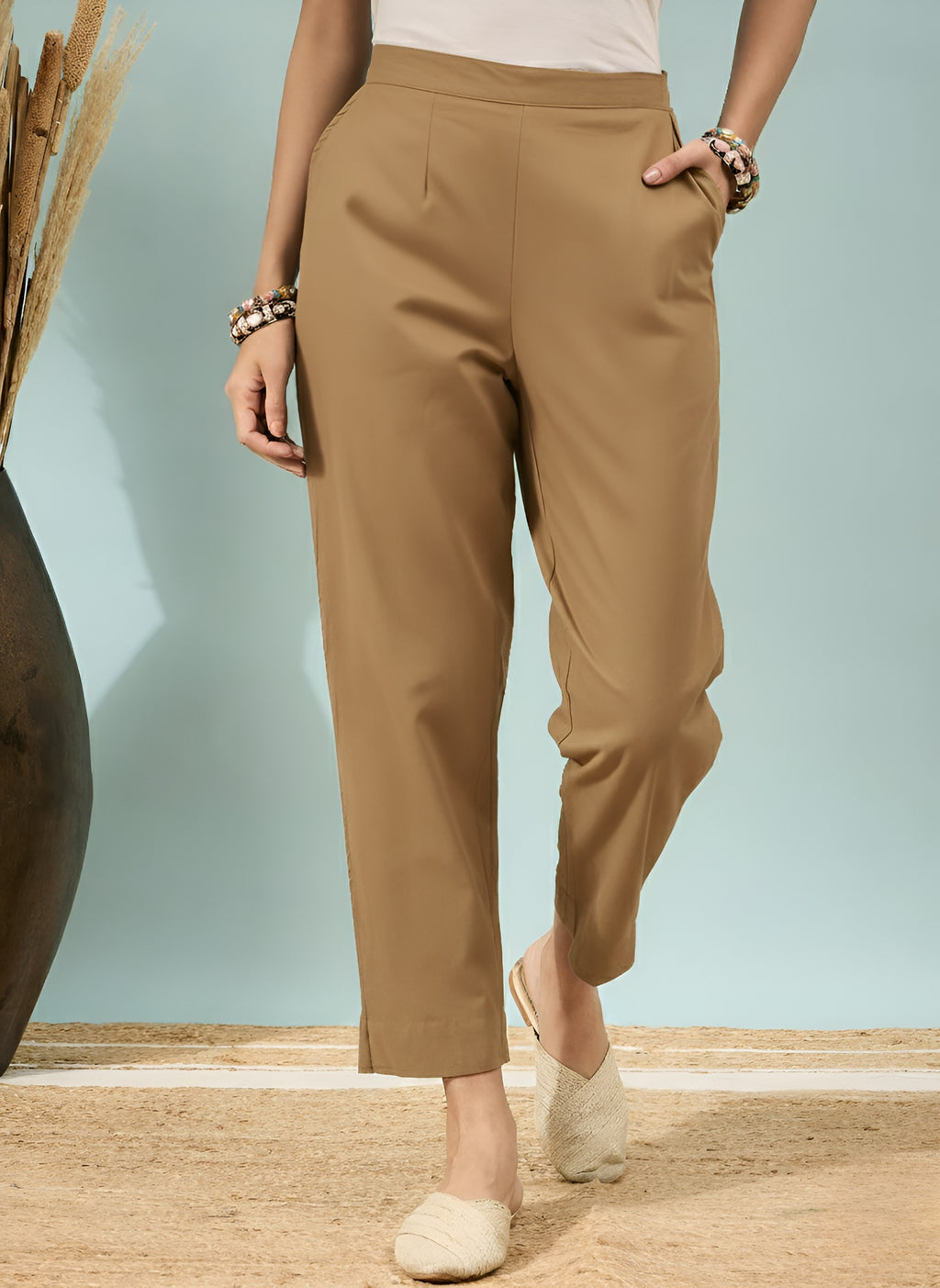 Women’s Chikoo Solid Cotton Trousers
