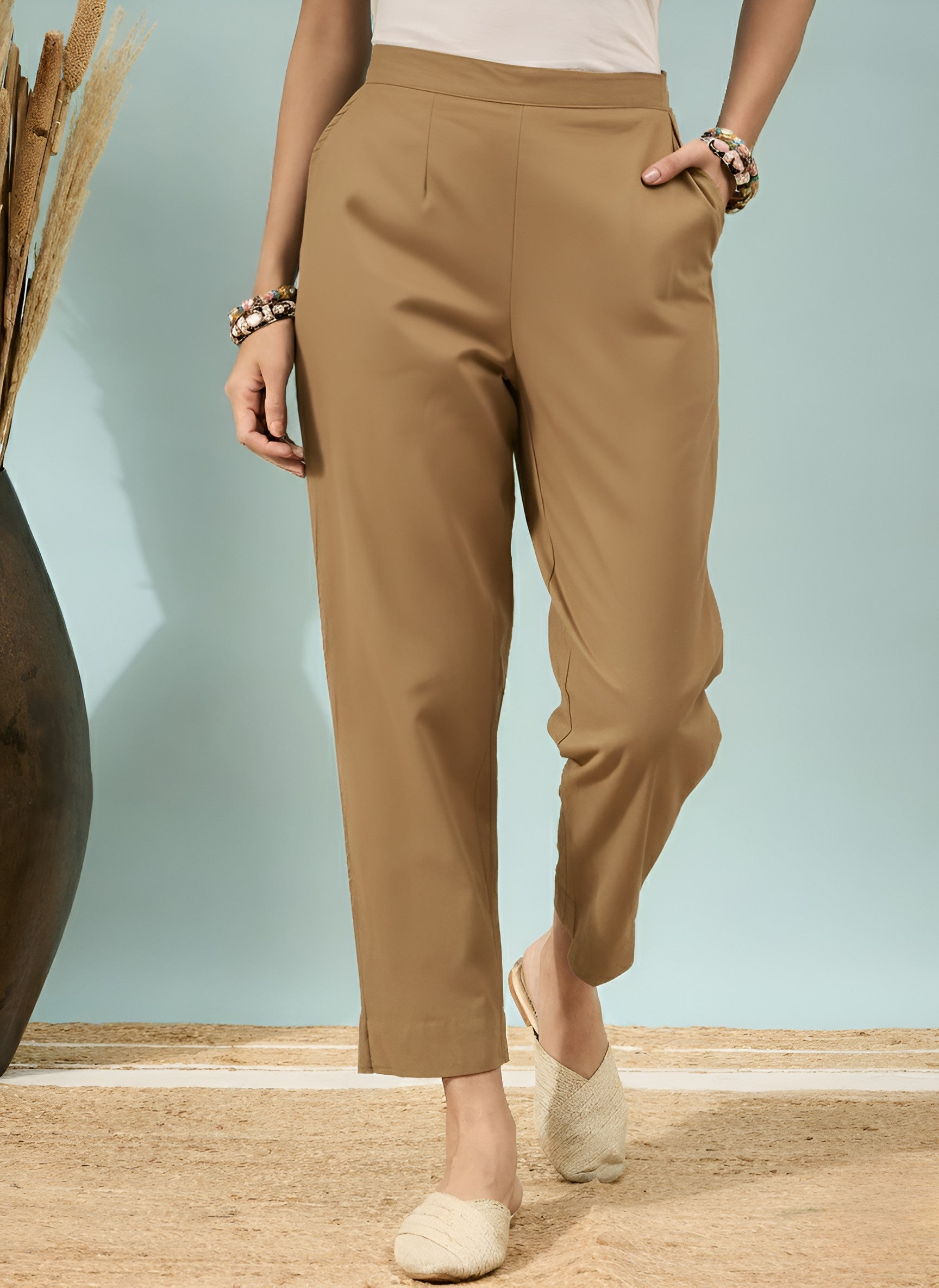 Women’s Chikoo Solid Cotton Trousers