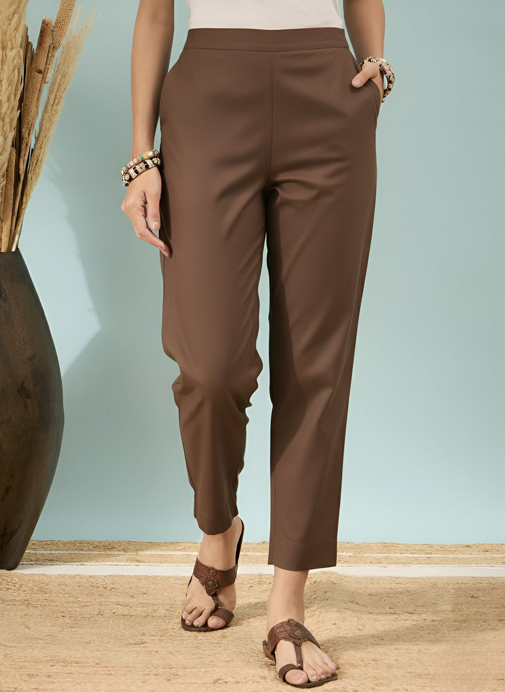 Women’s Chocolate Solid Cotton Trousers