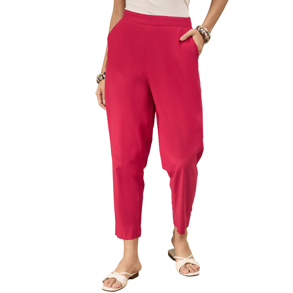 Women’s Red Solid Cotton Trousers