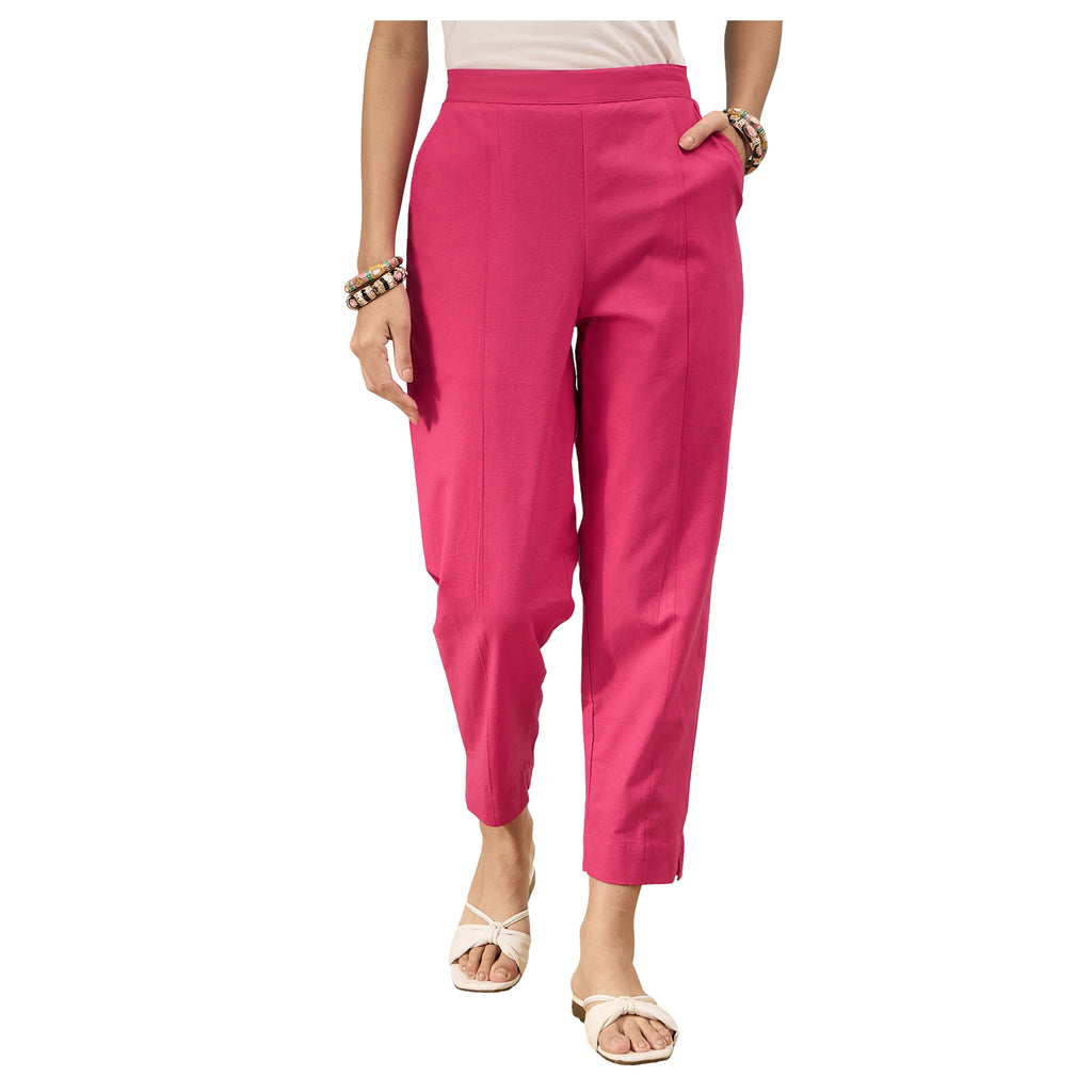 Women’s Pink Solid Cotton Trousers