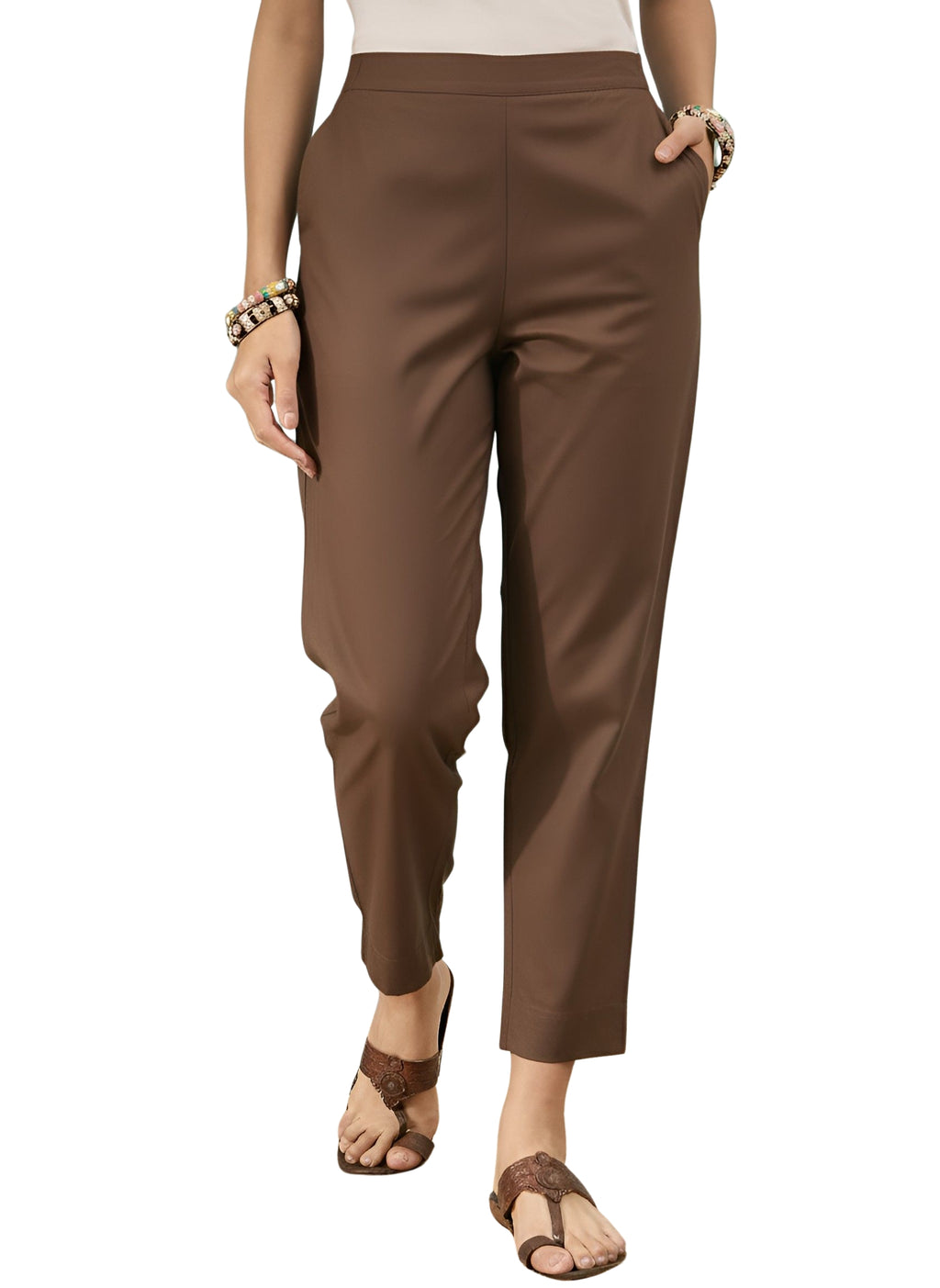 Women’s Chocolate Solid Cotton Trousers