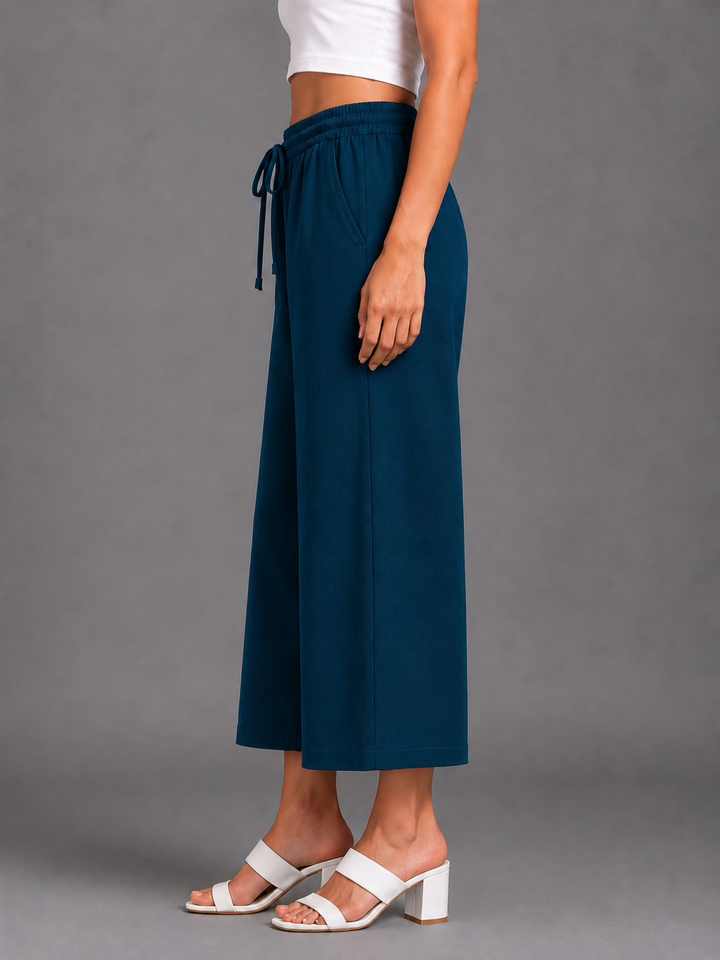 Women’s Peacock Blue Solid Elasticated Drawstring Wide Leg Culotte