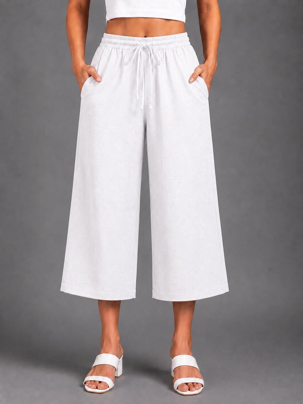 Women’s White Solid Elasticated Drawstring Wide Leg Culotte