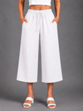 Women’s White Solid Elasticated Drawstring Wide Leg Culotte
