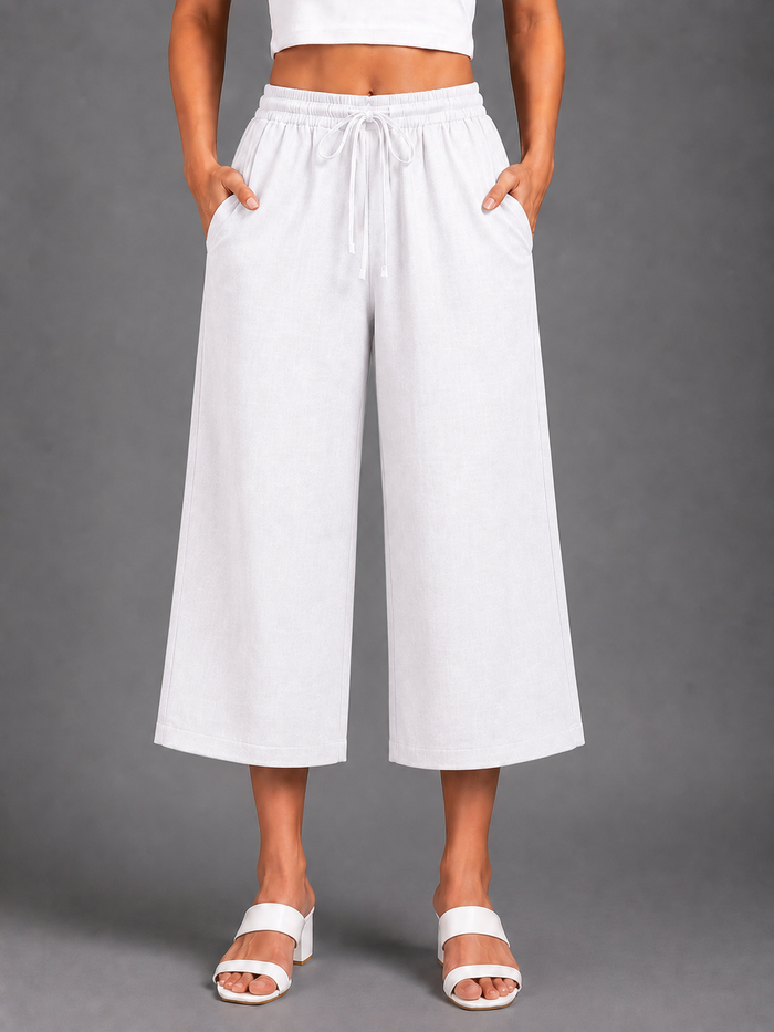 Women’s White Solid Elasticated Drawstring Wide Leg Culotte