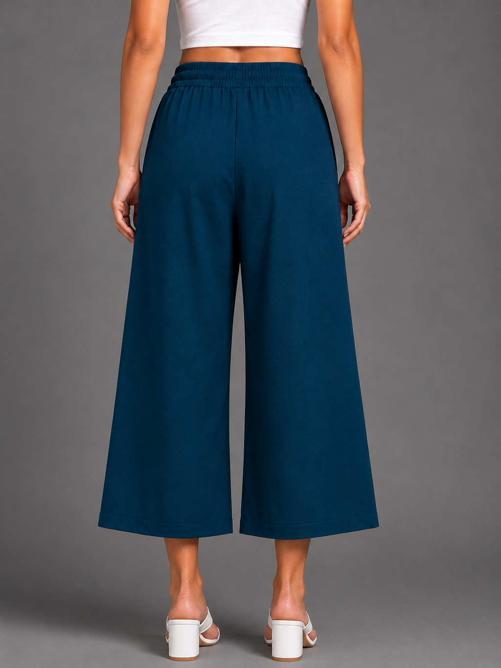 Women’s Peacock Blue Solid Elasticated Drawstring Wide Leg Culotte