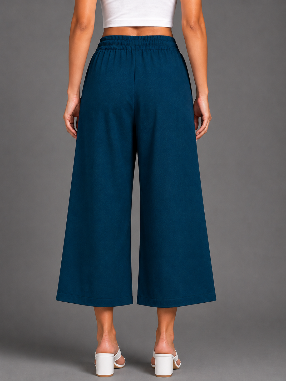 Women’s Peacock Blue Solid Elasticated Drawstring Wide Leg Culotte