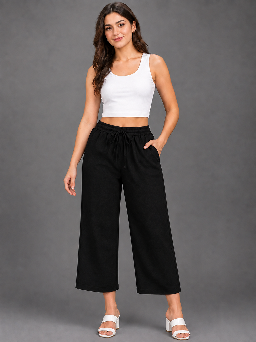 Women’s Black Solid Elasticated Drawstring Wide Leg Culotte