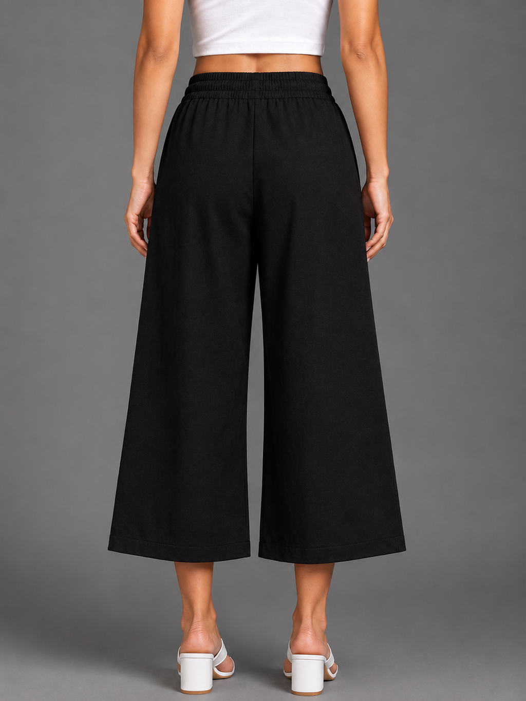 Women’s Black Solid Elasticated Drawstring Wide Leg Culotte