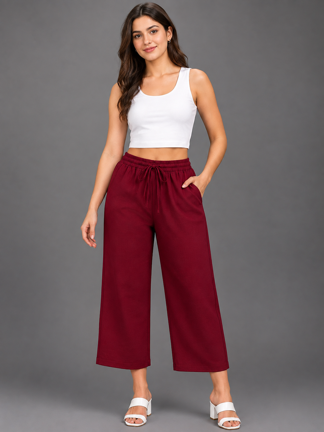Women’s Maroon Solid Elasticated Drawstring Wide Leg Culotte