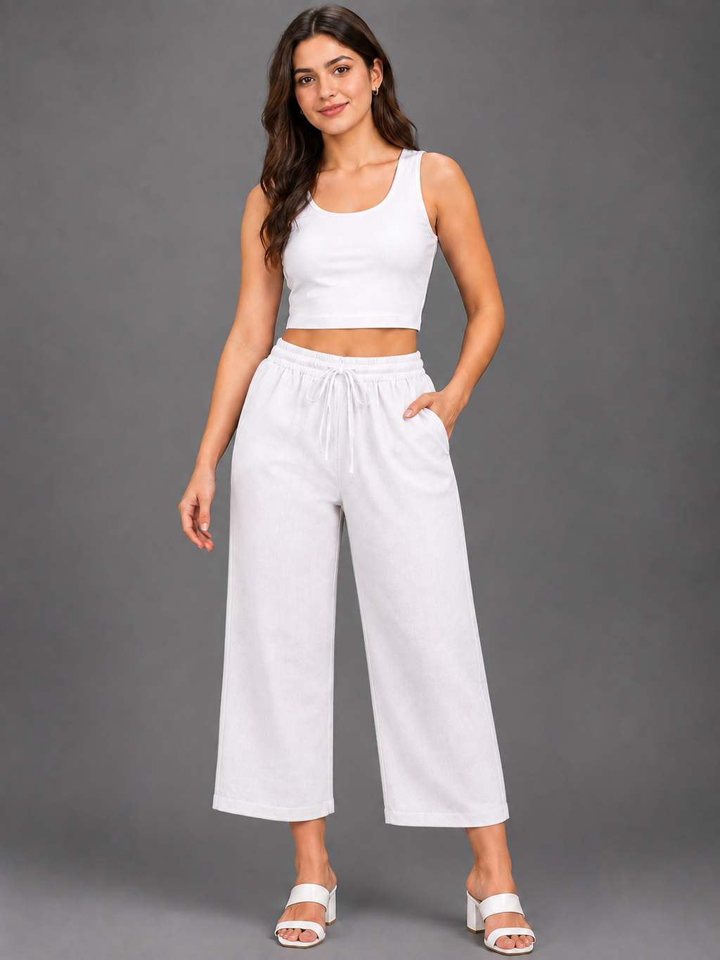 Women’s White Solid Elasticated Drawstring Wide Leg Culotte