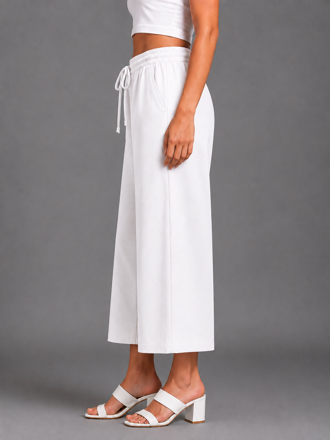 Women’s White Solid Elasticated Drawstring Wide Leg Culotte
