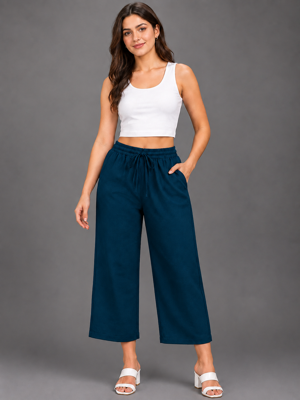 Women’s Peacock Blue Solid Elasticated Drawstring Wide Leg Culotte