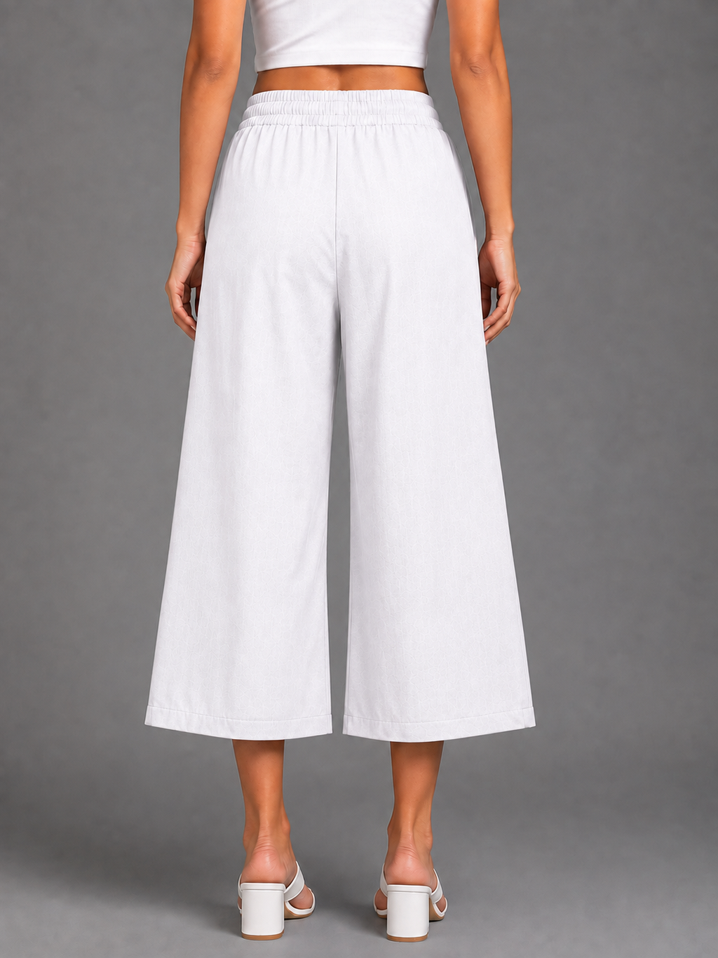 Women’s White Solid Elasticated Drawstring Wide Leg Culotte