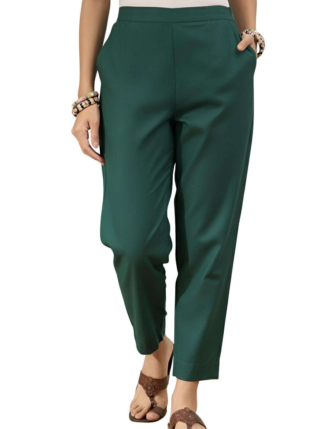 Women’s Dark Green Solid Cotton Trousers