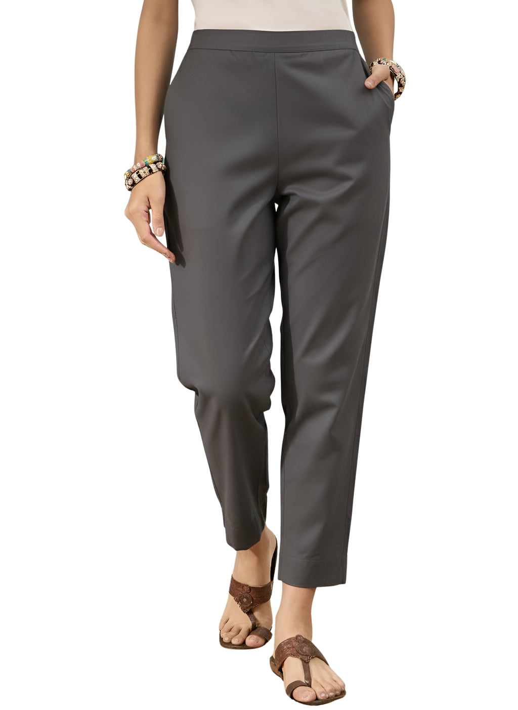 Women’s Dark Grey Solid Cotton Trousers