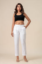 Women’s White Solid Cotton Trousers