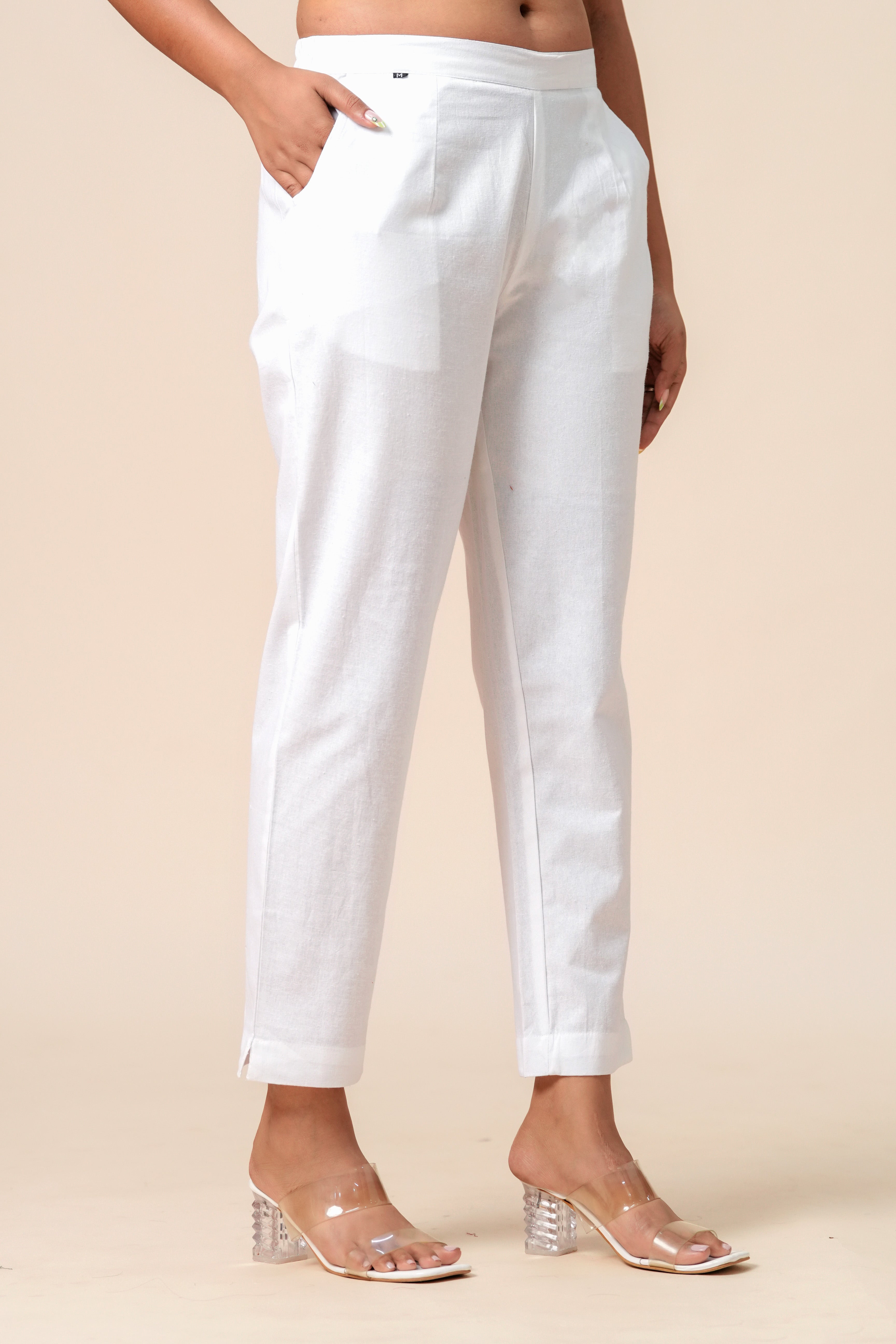 Women’s White Solid Cotton Trousers