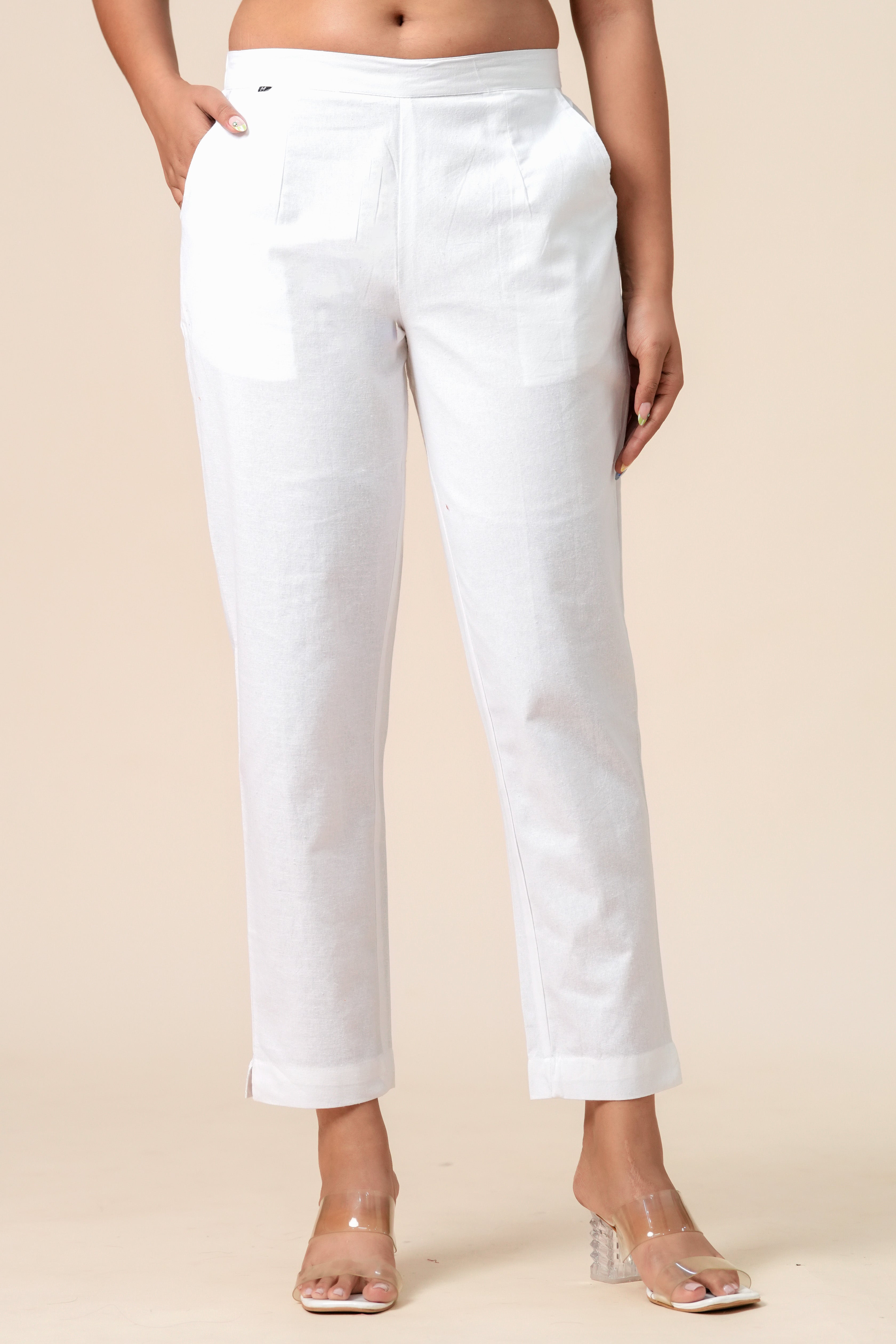 Women’s White Solid Cotton Trousers