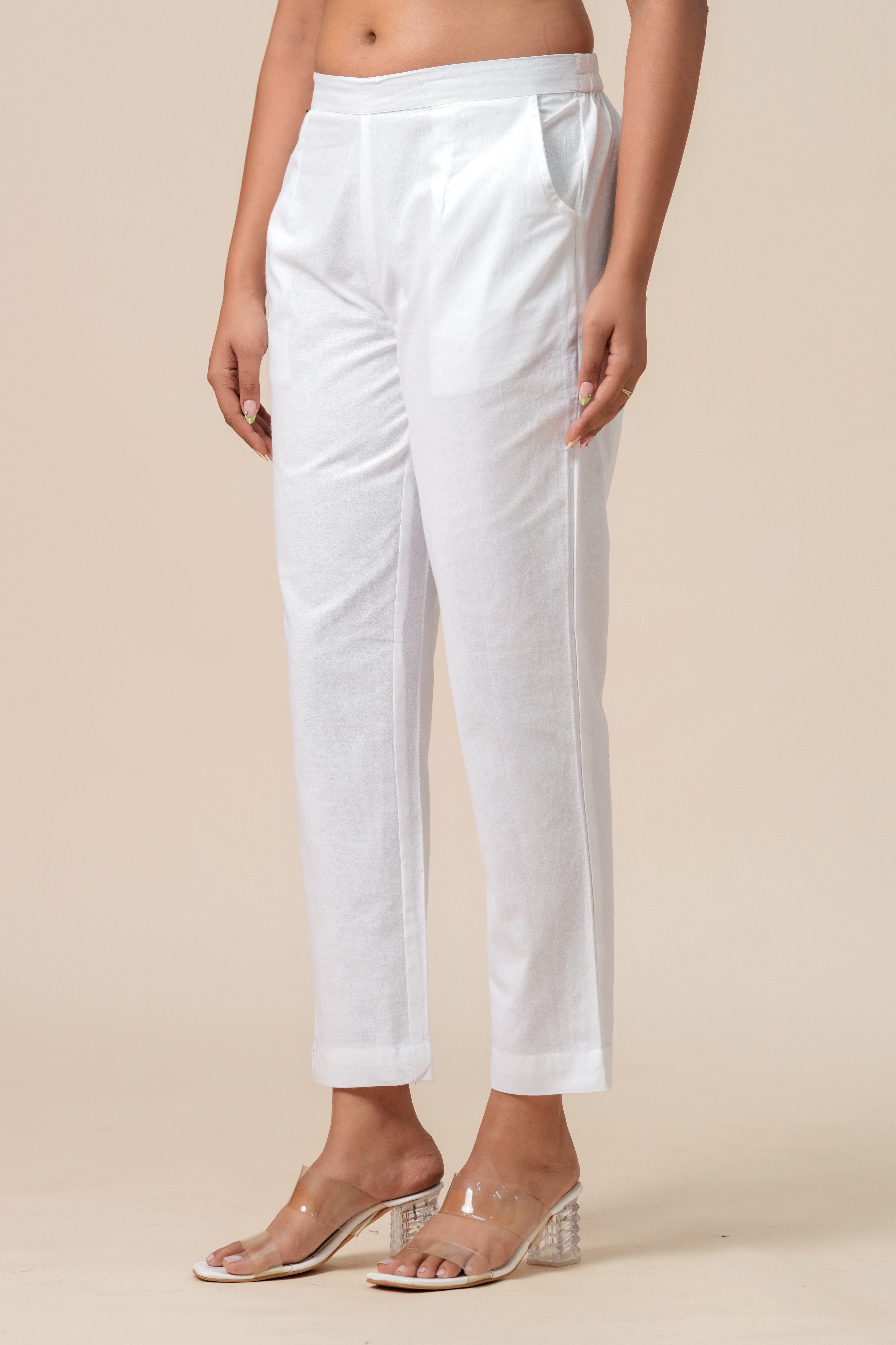 Women’s White Solid Cotton Trousers