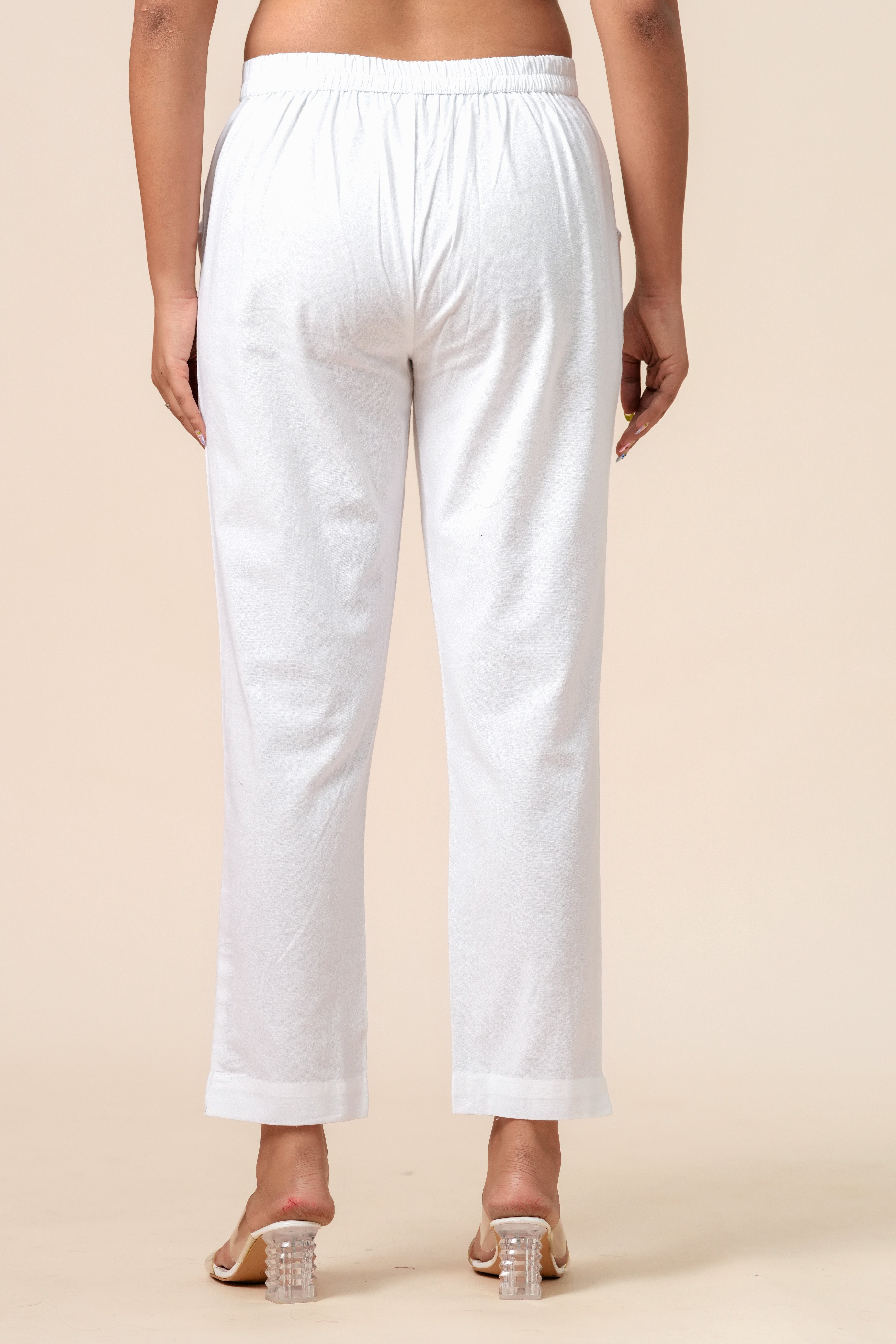 Women’s White Solid Cotton Trousers