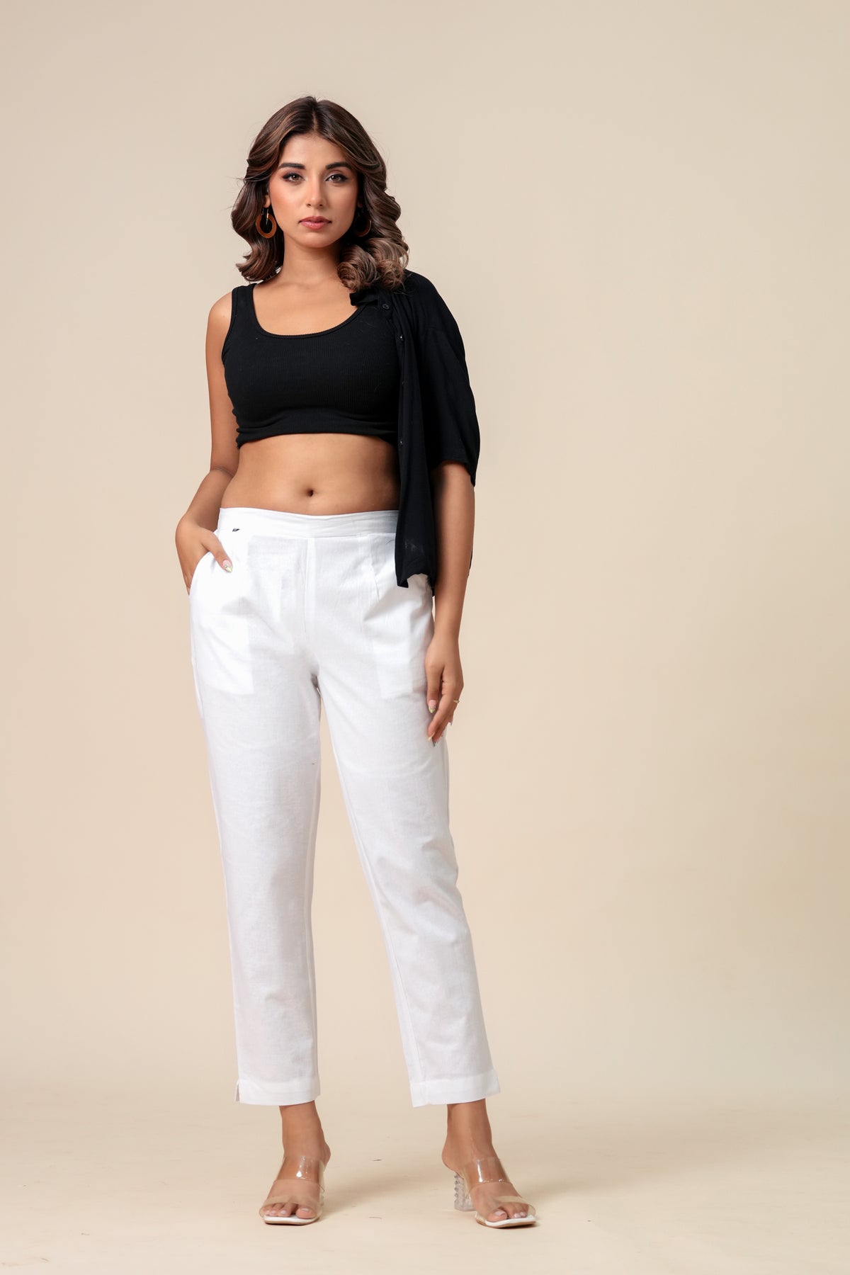 Women’s White Solid Cotton Trousers