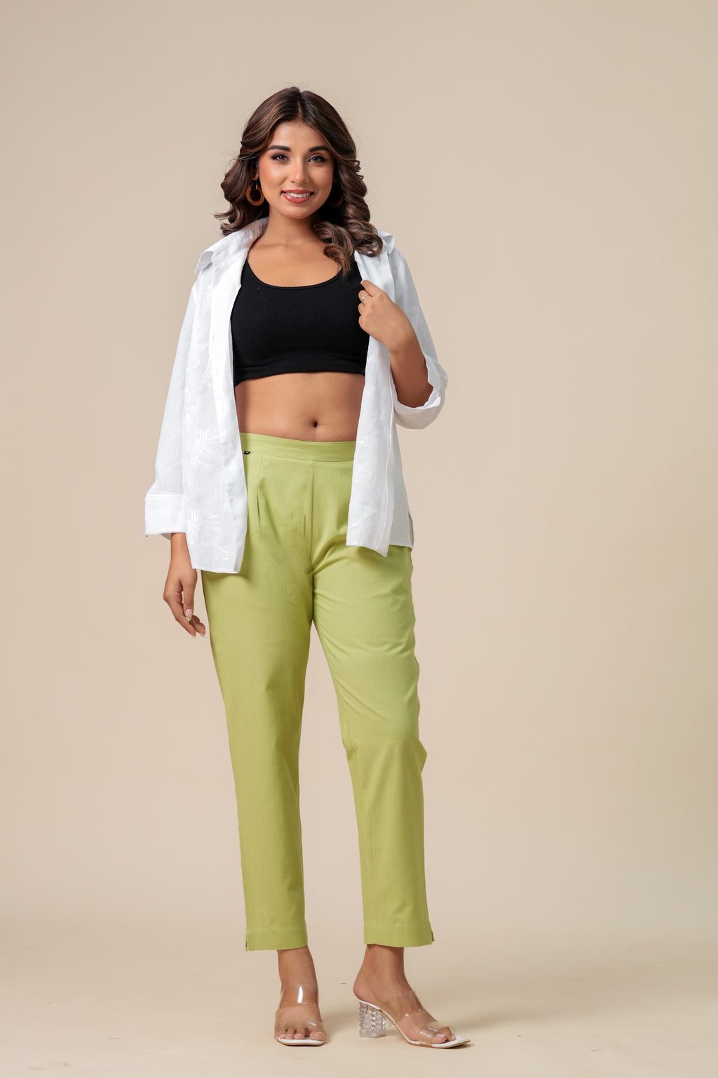 Women’s T-Green Solid Cotton Trousers