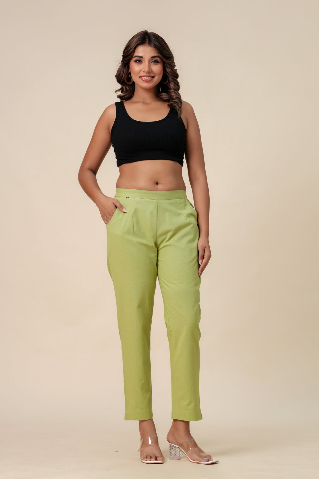 Women’s T-Green Solid Cotton Trousers