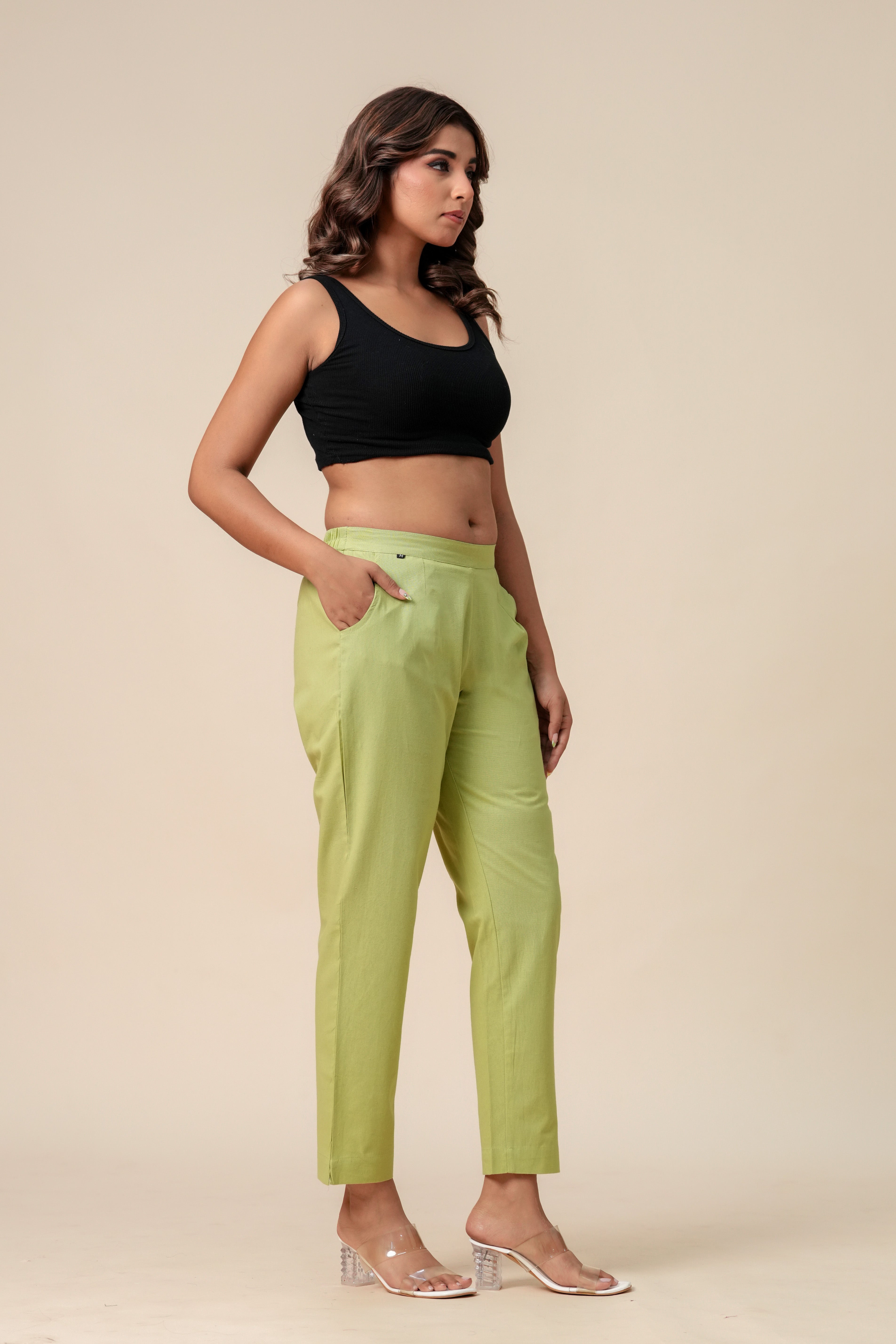 Women’s T-Green Solid Cotton Trousers