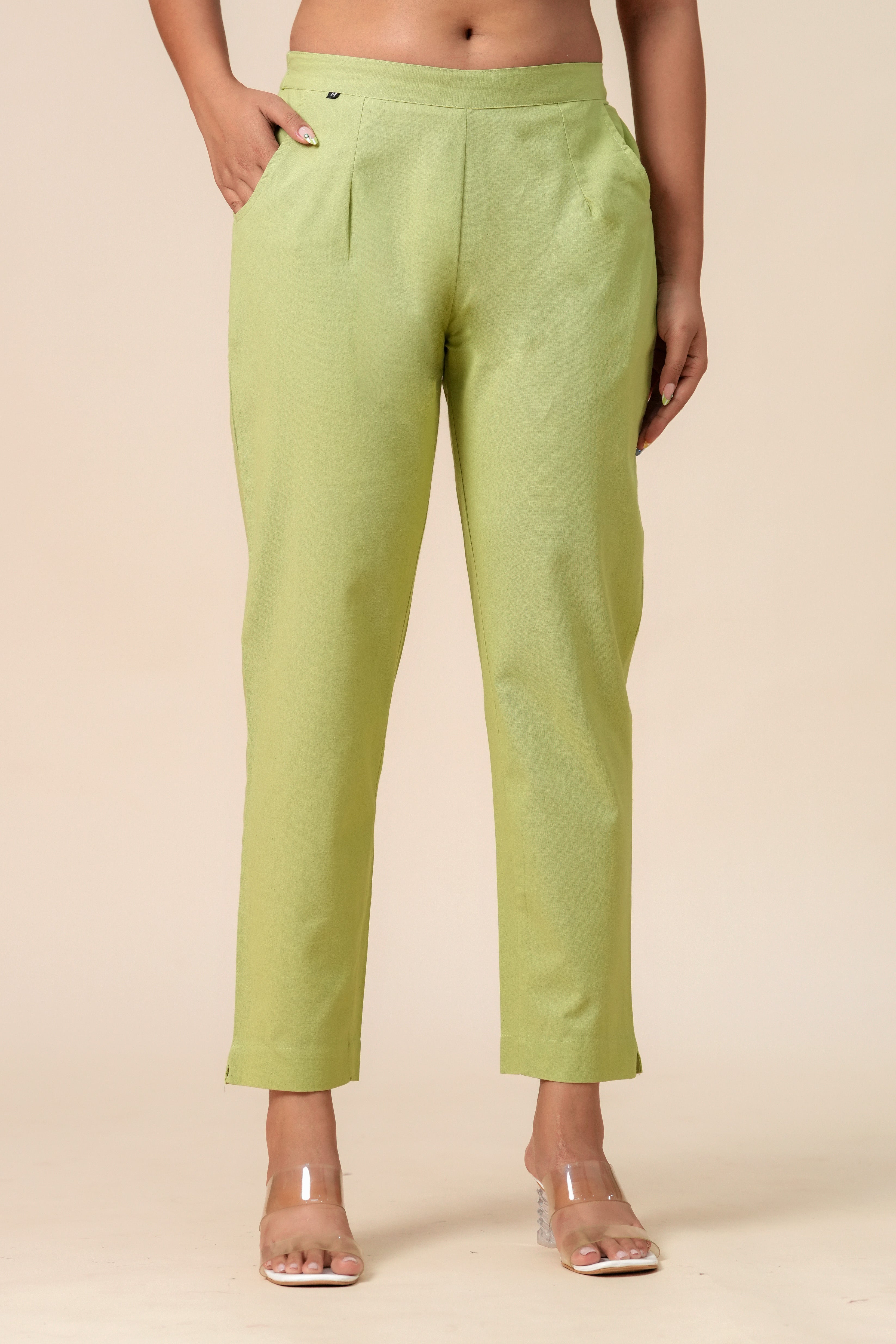 Women’s T-Green Solid Cotton Trousers