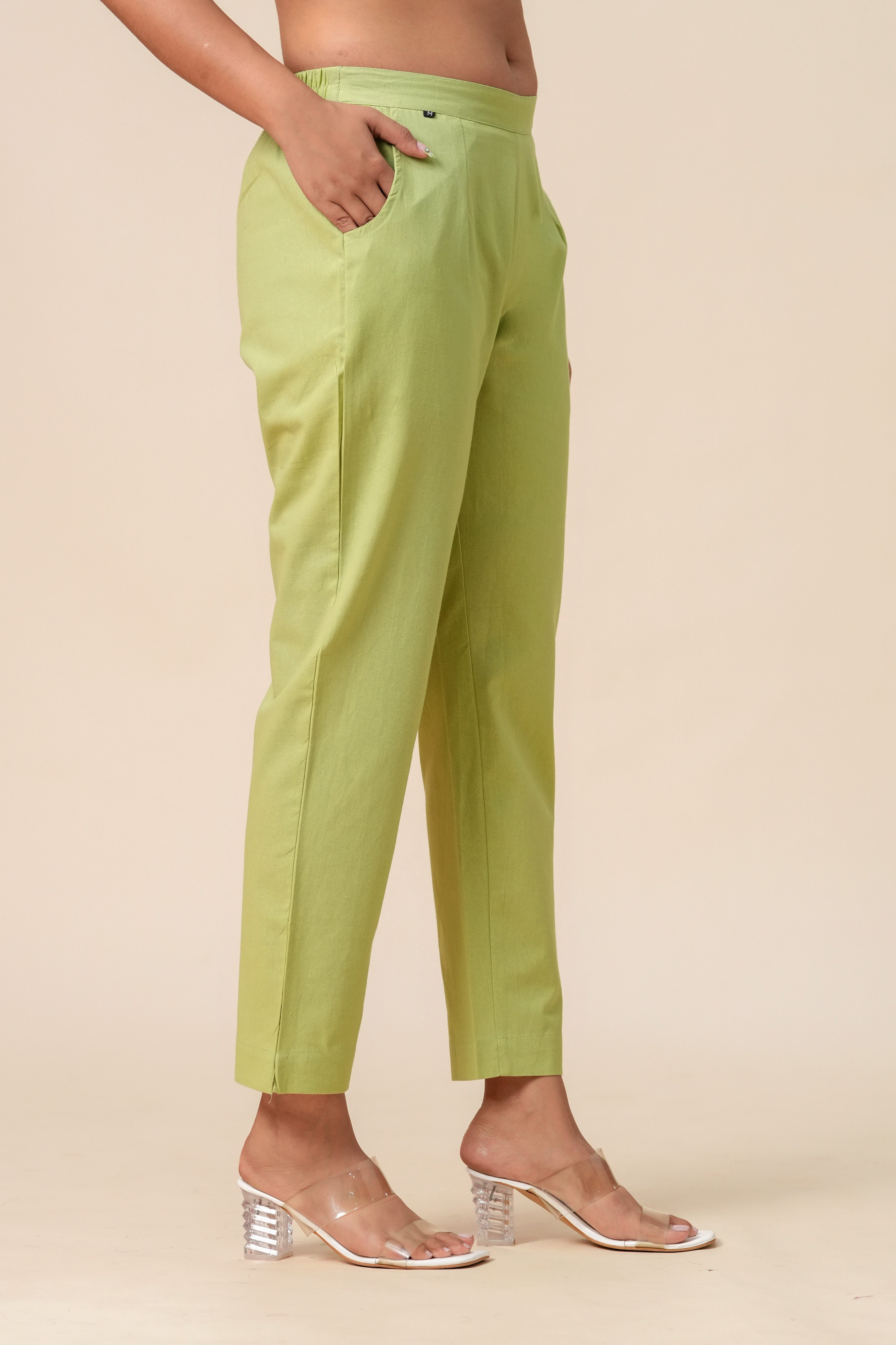 Women’s T-Green Solid Cotton Trousers