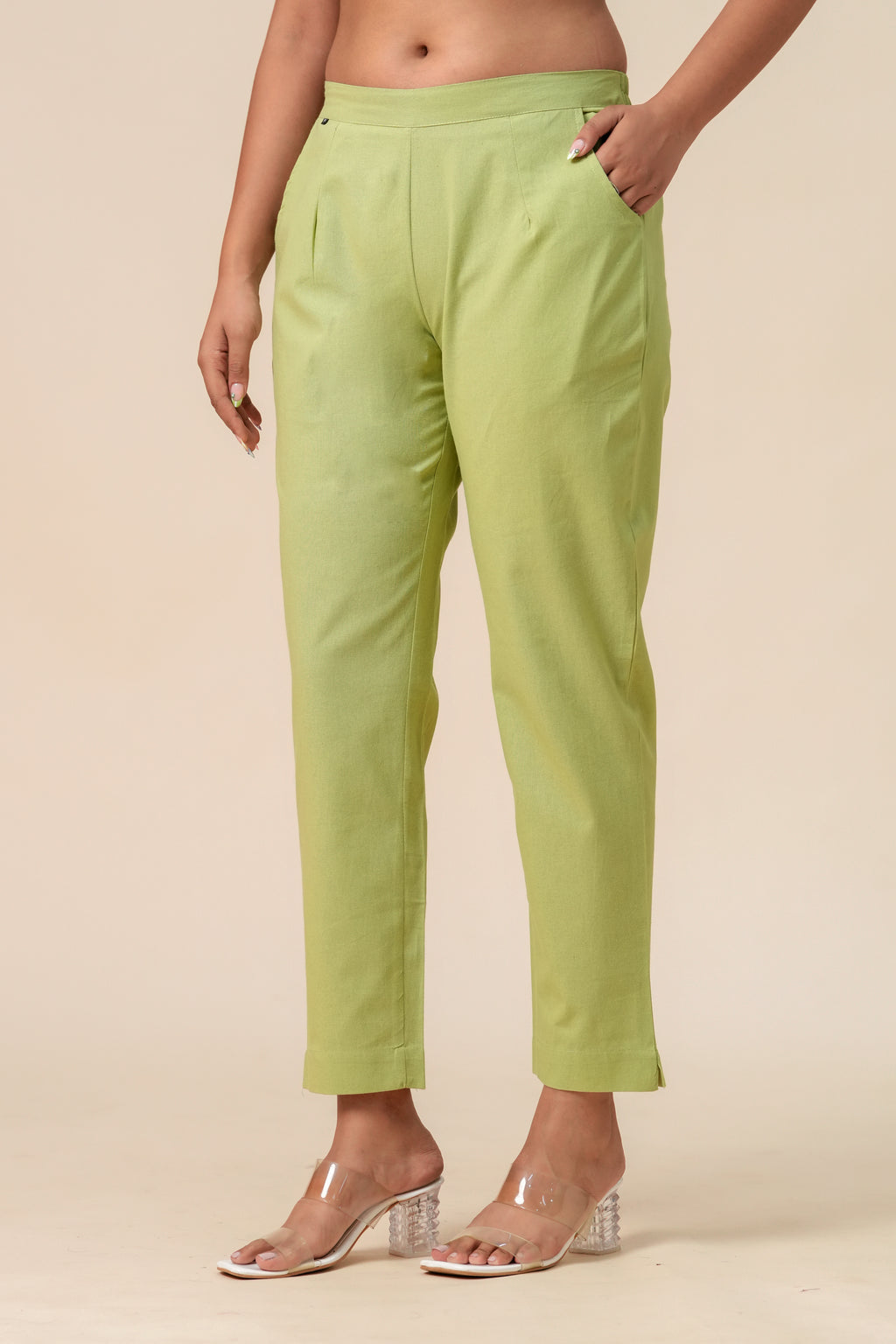 Women’s T-Green Solid Cotton Trousers