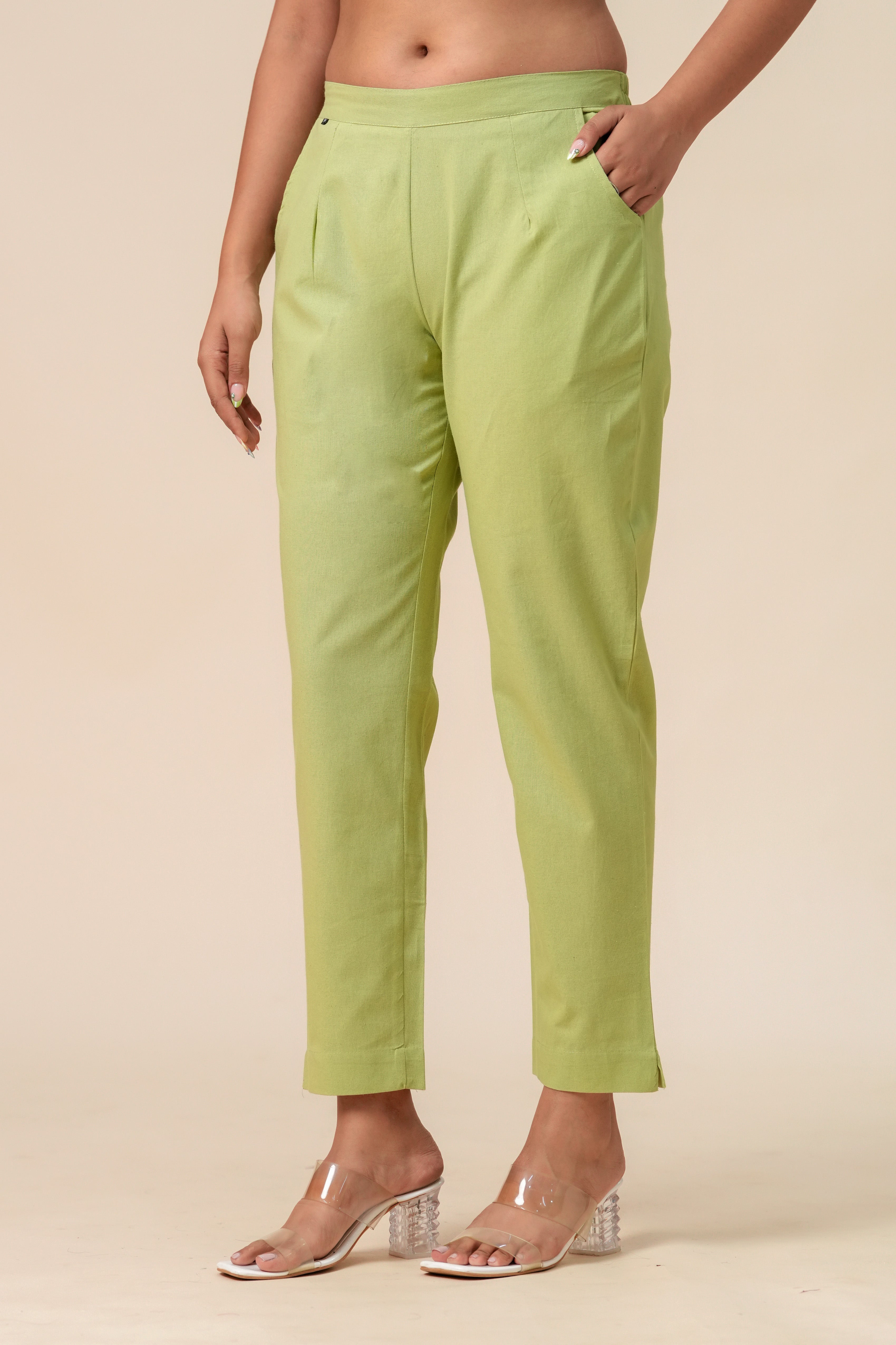 Women’s T-Green Solid Cotton Trousers