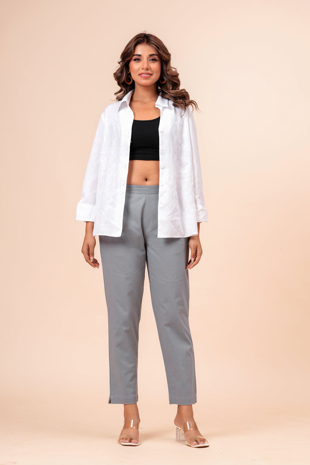 Women’s Grey Solid Cotton Trousers