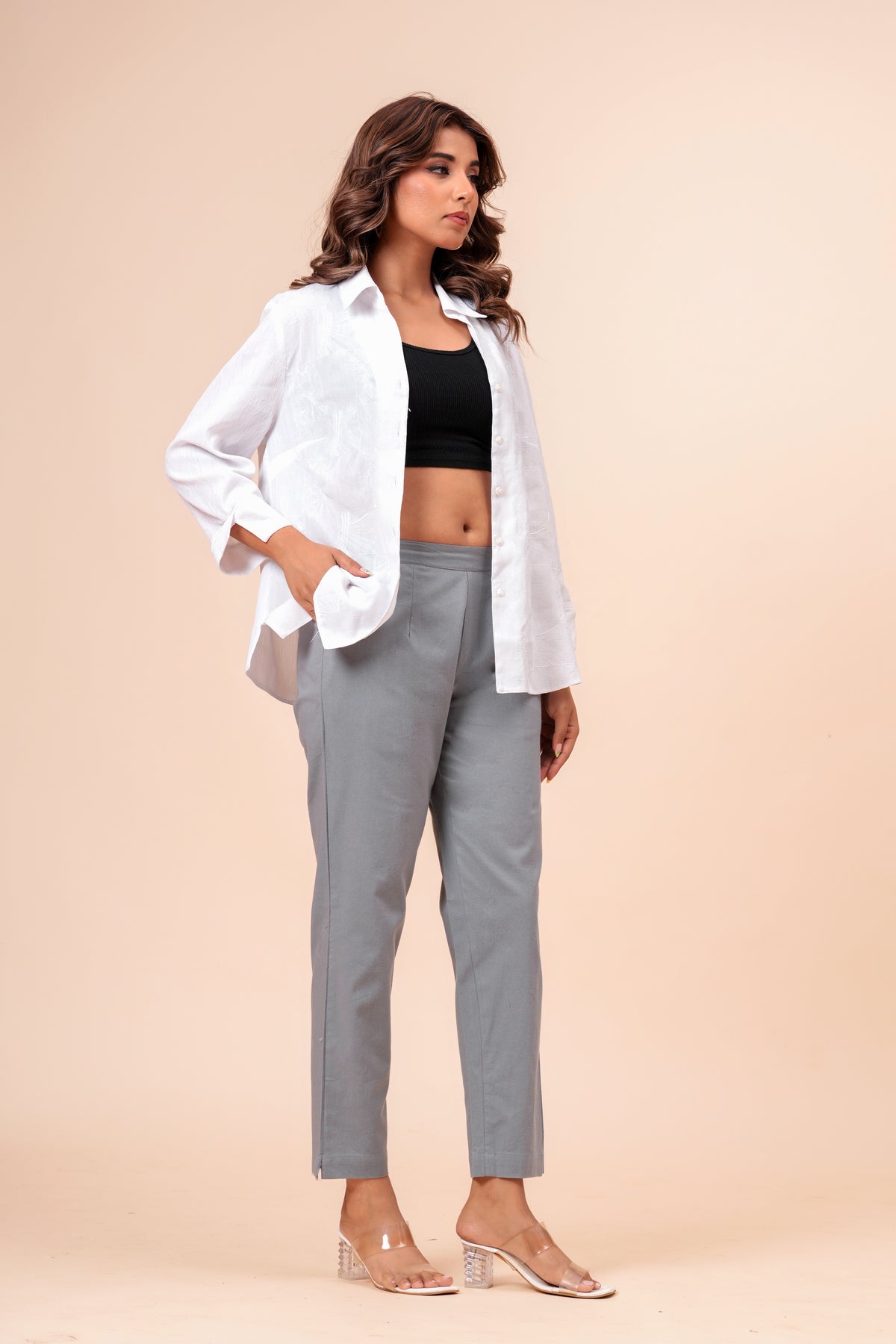 Women’s Grey Solid Cotton Trousers